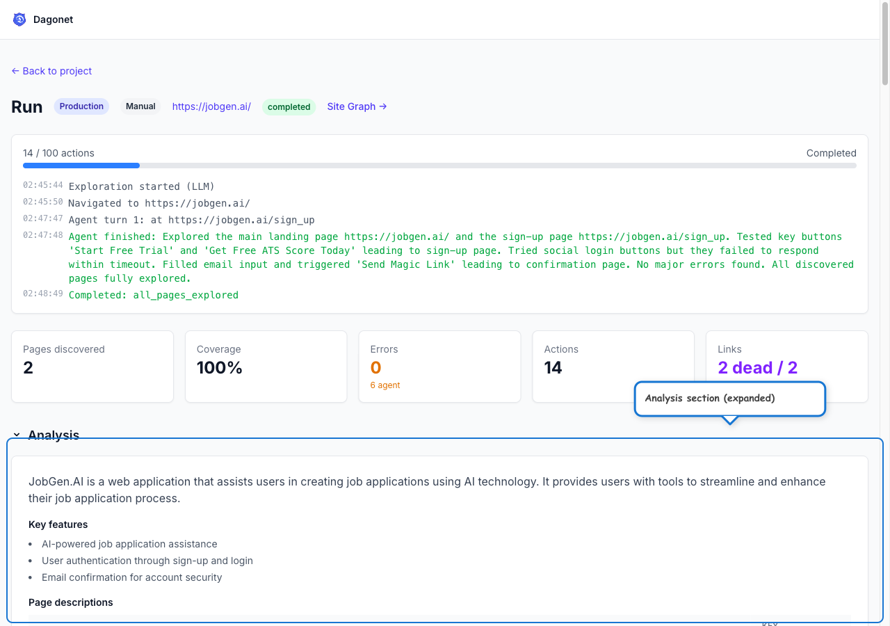 Dagonet run detail: AI agent exploration log, coverage metrics, and auto-generated app analysis